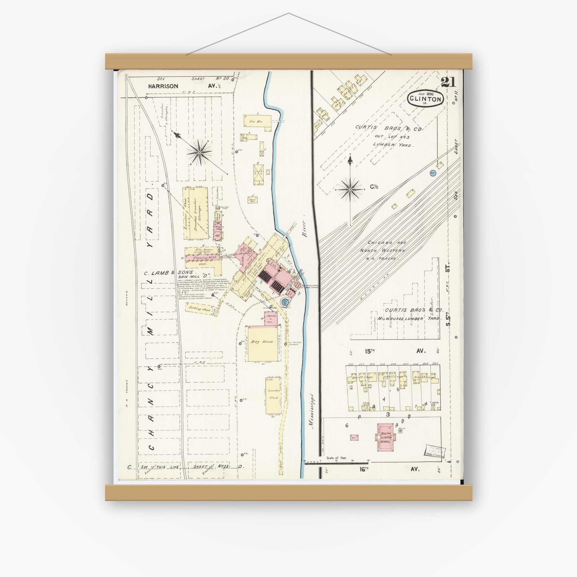 Old map wall art mockup — magnetic wood frame on white wall — Sanborn Fire Insurance Map from Clinton, Clinton County, Iowa (1890), Sheet #0021