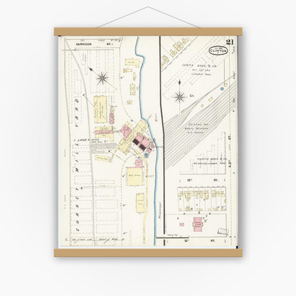 Old map wall art mockup — magnetic wood frame on white wall — Sanborn Fire Insurance Map from Clinton, Clinton County, Iowa (1890), Sheet #0021