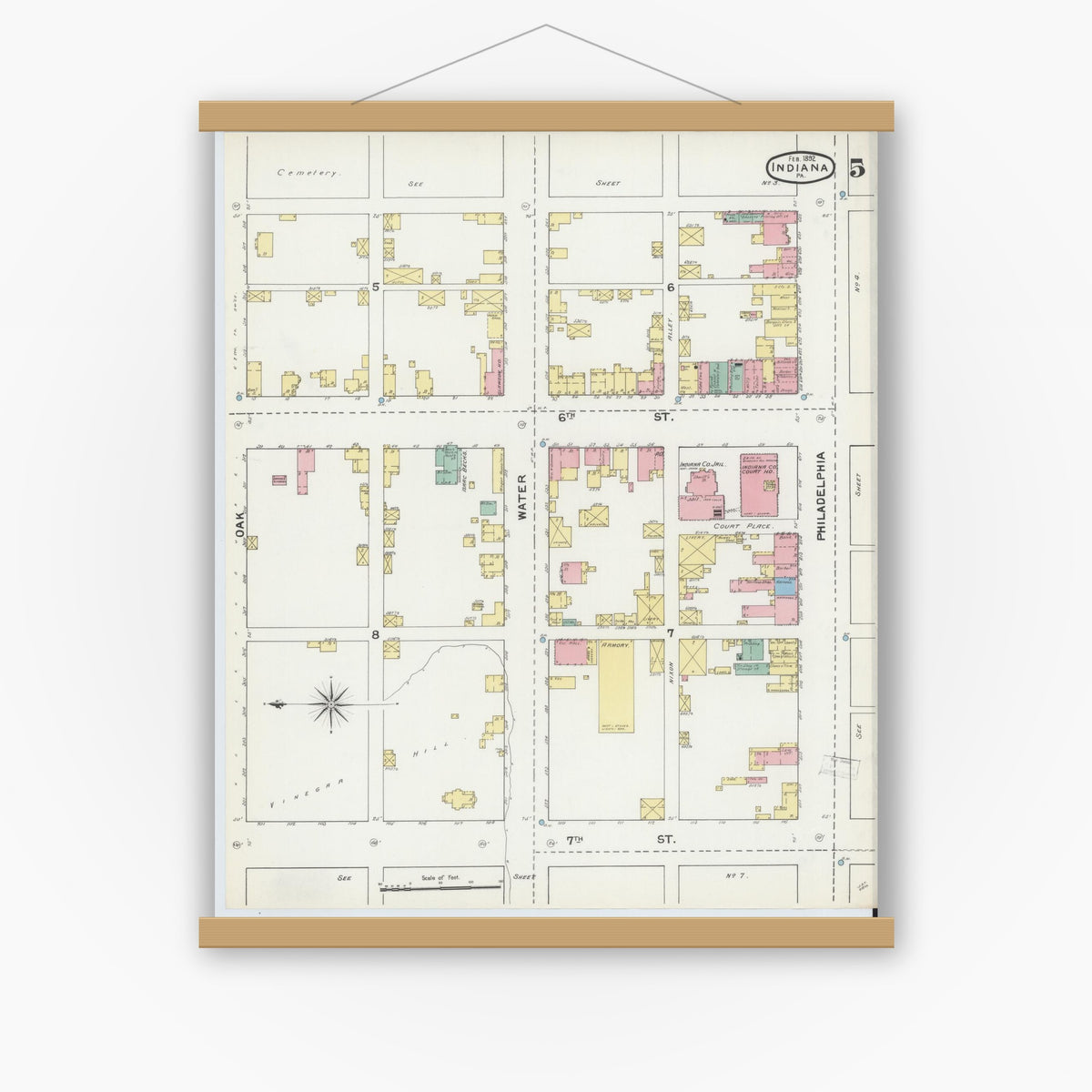 Old map wall art mockup — magnetic wood frame on white wall — Sanborn Fire Insurance Map from Indiana, Indiana County, Pennsylvania (1892), Sheet #0005