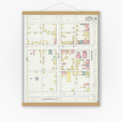 Old map wall art mockup — magnetic wood frame on white wall — Sanborn Fire Insurance Map from Indiana, Indiana County, Pennsylvania (1892), Sheet #0005