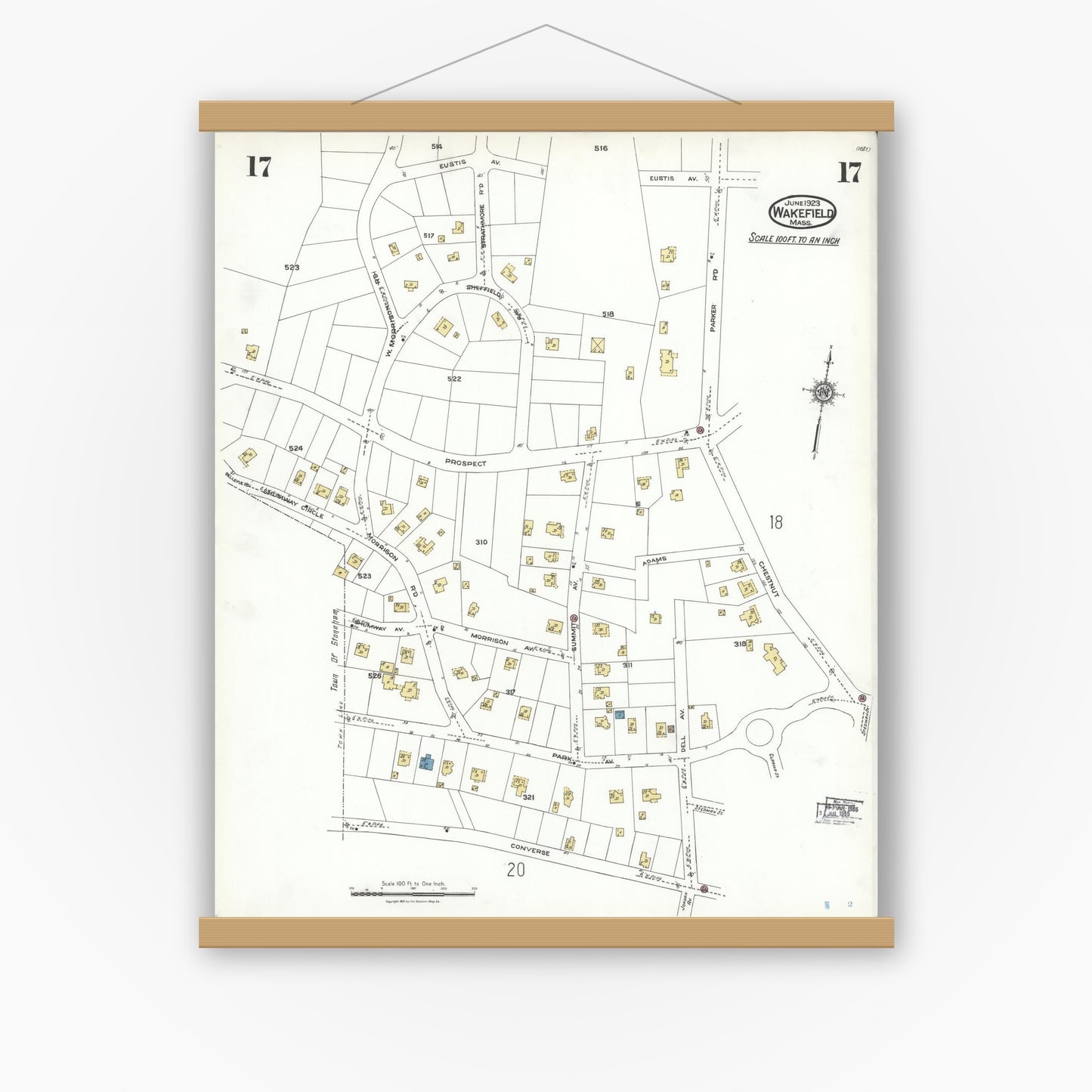 Old map wall art mockup — magnetic wood frame on white wall — Sanborn Fire Insurance Map from Wakefield, Middlesex County, Massachusetts (1923), Sheet #0017