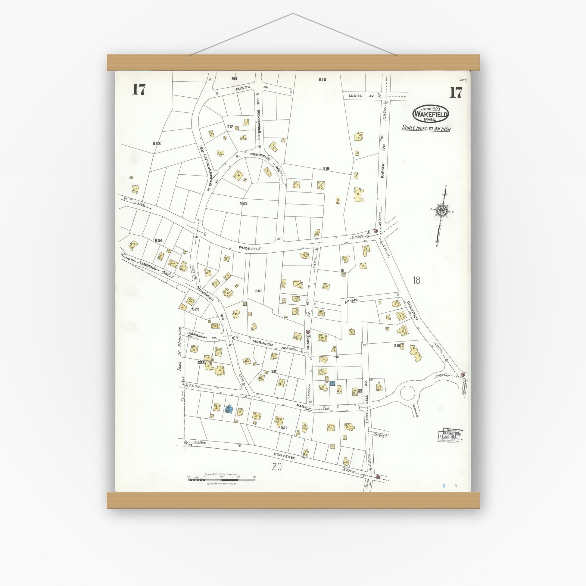 Old map wall art mockup — magnetic wood frame on white wall — Sanborn Fire Insurance Map from Wakefield, Middlesex County, Massachusetts (1923), Sheet #0017