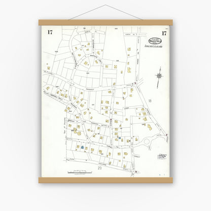 Old map wall art mockup — magnetic wood frame on white wall — Sanborn Fire Insurance Map from Wakefield, Middlesex County, Massachusetts (1923), Sheet #0017