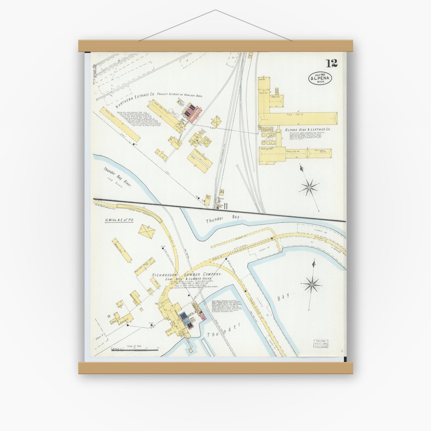 Old map wall art mockup — magnetic wood frame on white wall — Sanborn Fire Insurance Map from Alpena, Alpena County, Michigan (1901), Sheet #0012