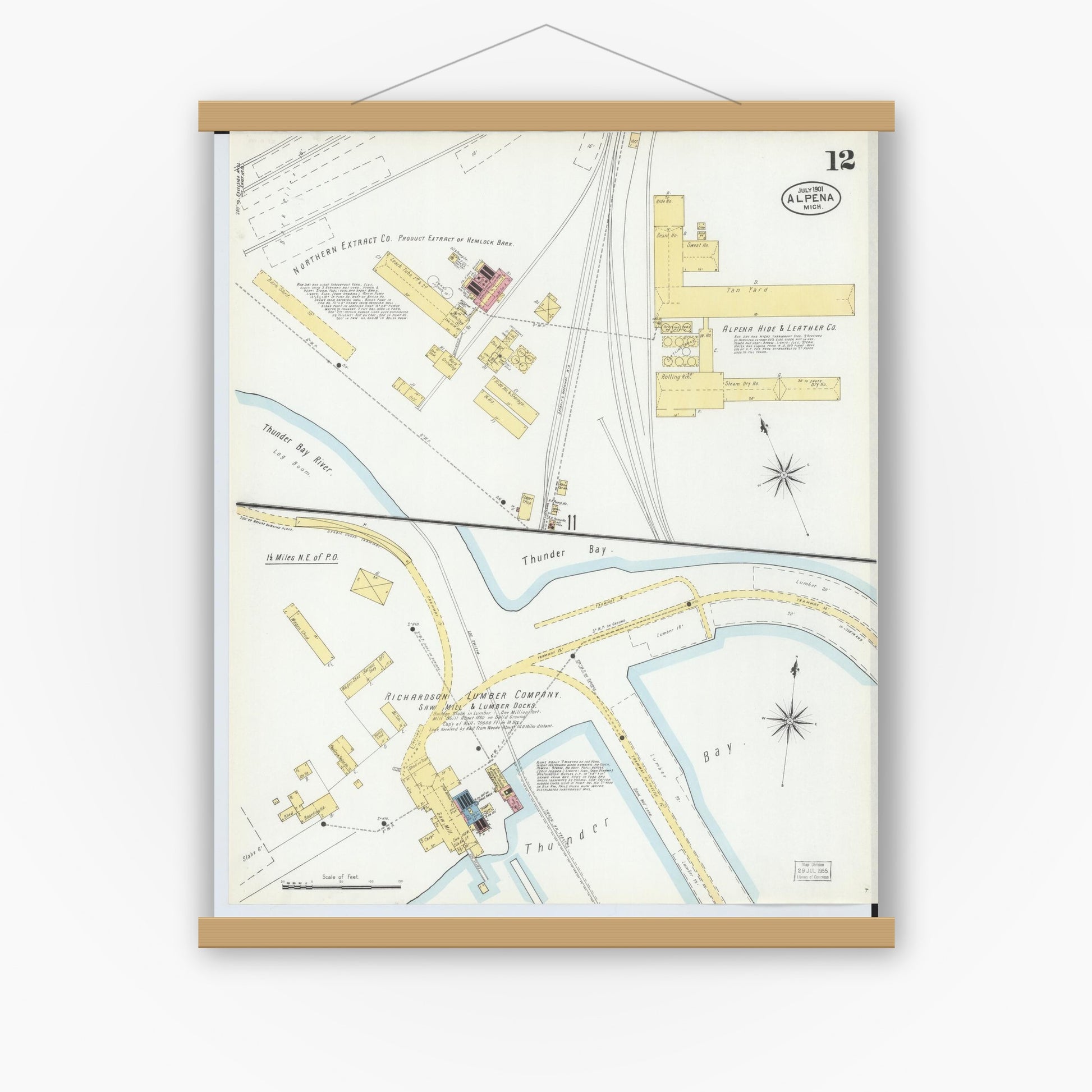 Old map wall art mockup — magnetic wood frame on white wall — Sanborn Fire Insurance Map from Alpena, Alpena County, Michigan (1901), Sheet #0012