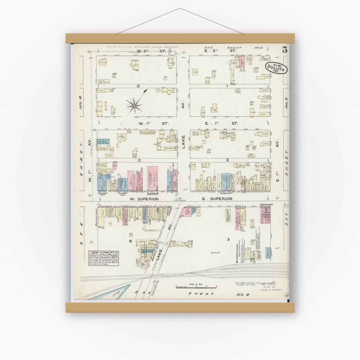 Old map wall art mockup — magnetic wood frame on white wall — Sanborn Fire Insurance Map from Duluth, Saint Louis County, Minnesota (1884), Sheet #0005