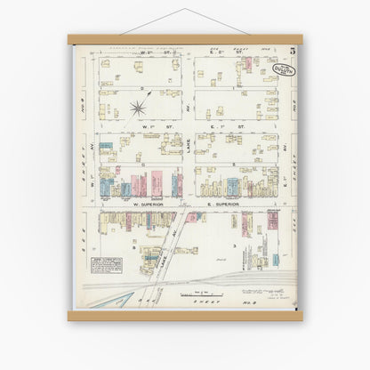 Old map wall art mockup — magnetic wood frame on white wall — Sanborn Fire Insurance Map from Duluth, Saint Louis County, Minnesota (1884), Sheet #0005