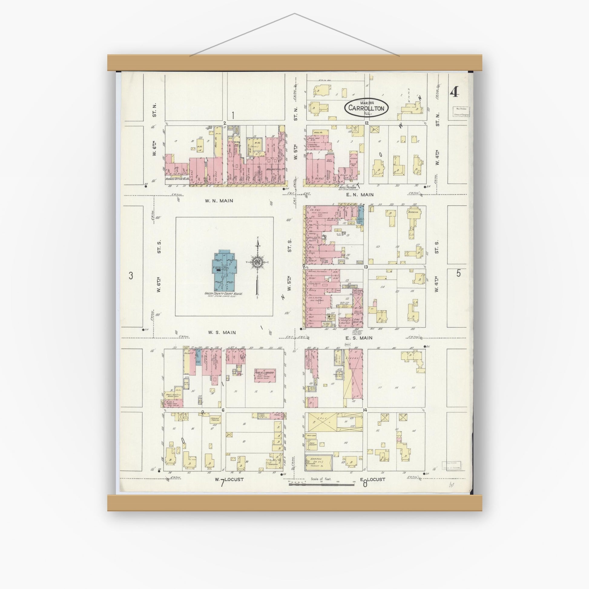 Old map wall art mockup — magnetic wood frame on white wall — Sanborn Fire Insurance Map from Carrollton, Greene County, Illinois (1914), Sheet #0004