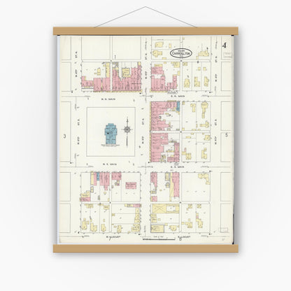 Old map wall art mockup — magnetic wood frame on white wall — Sanborn Fire Insurance Map from Carrollton, Greene County, Illinois (1914), Sheet #0004