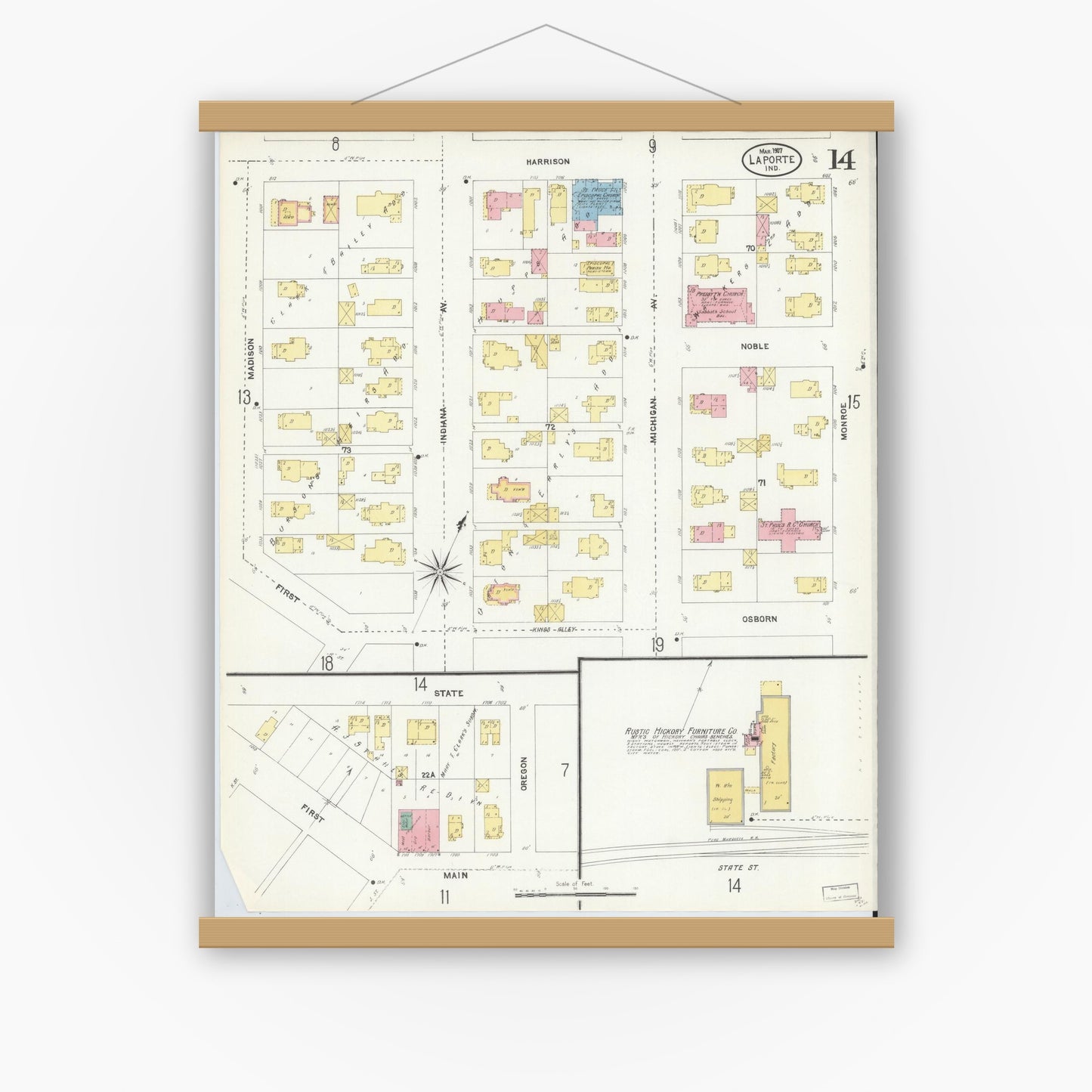 Old map wall art mockup — magnetic wood frame on white wall — Sanborn Fire Insurance Map from La Porte, La Porte County, Indiana (1907), Sheet #0014
