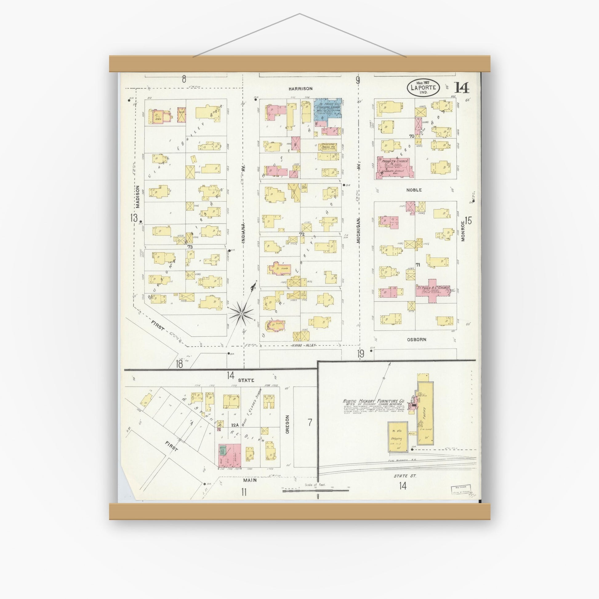 Old map wall art mockup — magnetic wood frame on white wall — Sanborn Fire Insurance Map from La Porte, La Porte County, Indiana (1907), Sheet #0014