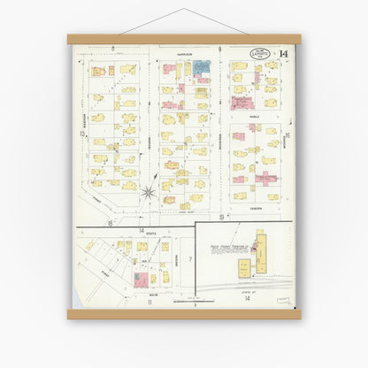Old map wall art mockup — magnetic wood frame on white wall — Sanborn Fire Insurance Map from La Porte, La Porte County, Indiana (1907), Sheet #0014