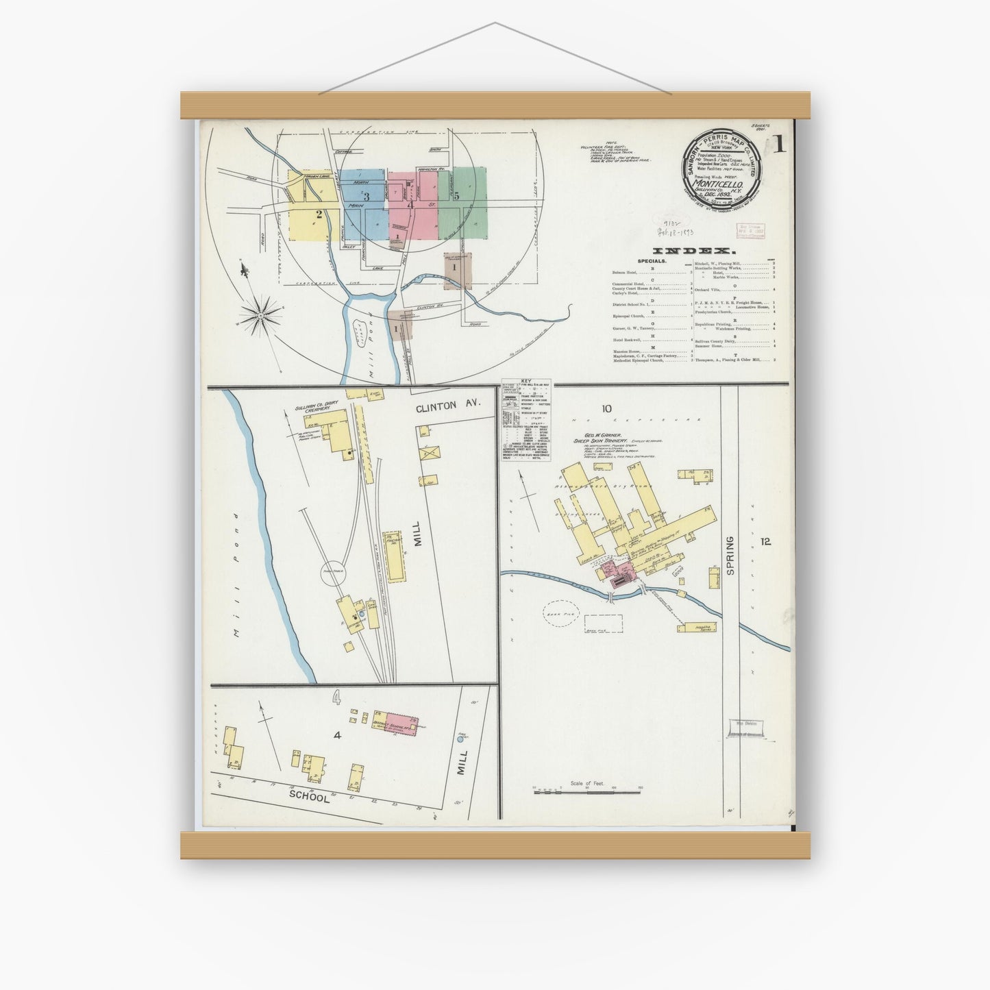 Old map wall art mockup — magnetic wood frame on white wall — Sanborn Fire Insurance Map from Monticello, Sullivan County, New York (1892), Sheet #0001