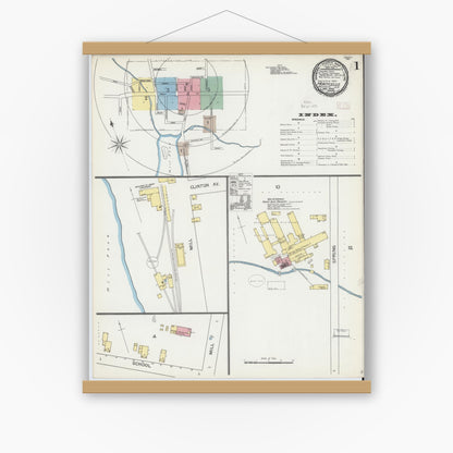 Old map wall art mockup — magnetic wood frame on white wall — Sanborn Fire Insurance Map from Monticello, Sullivan County, New York (1892), Sheet #0001