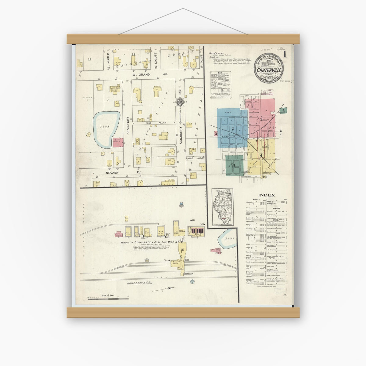 Old map wall art mockup — magnetic wood frame on white wall — Sanborn Fire Insurance Map from Carterville, Williamson County, Illinois (1913) - Complete Map Set
