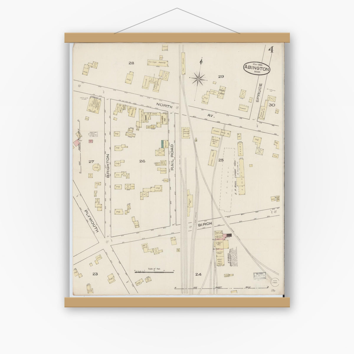 Old map wall art mockup — magnetic wood frame on white wall — Sanborn Fire Insurance Map from Abington, Plymouth County, Massachusetts (1885), Sheet #0004