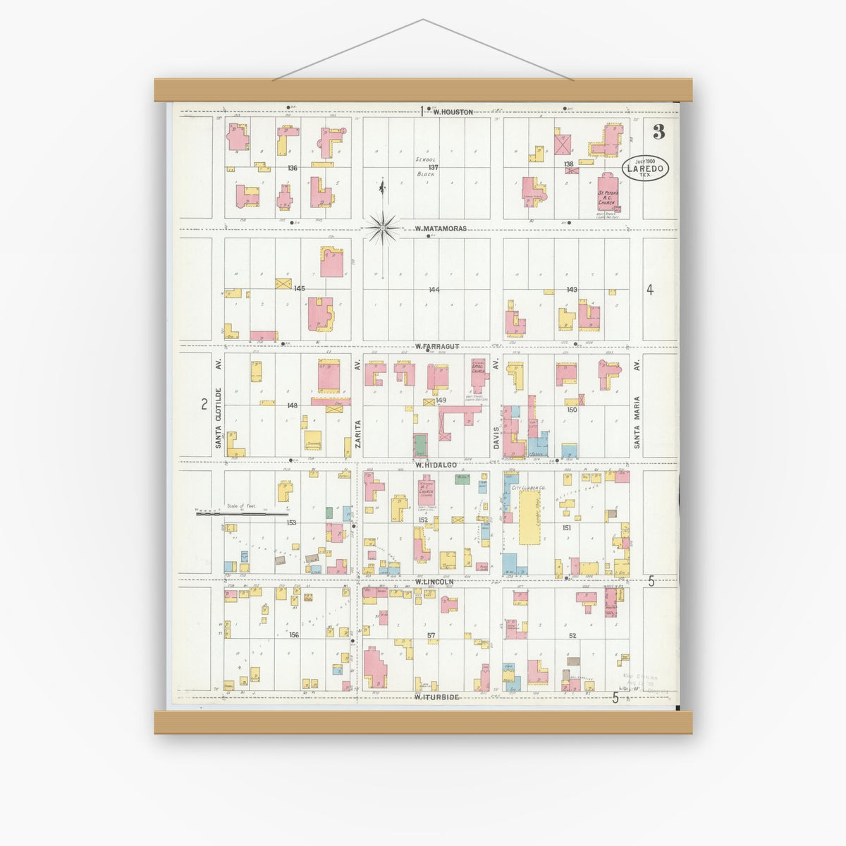 Old map wall art mockup — magnetic wood frame on white wall — Sanborn Fire Insurance Map from Laredo, Webb County, Texas (1900), Sheet #0003