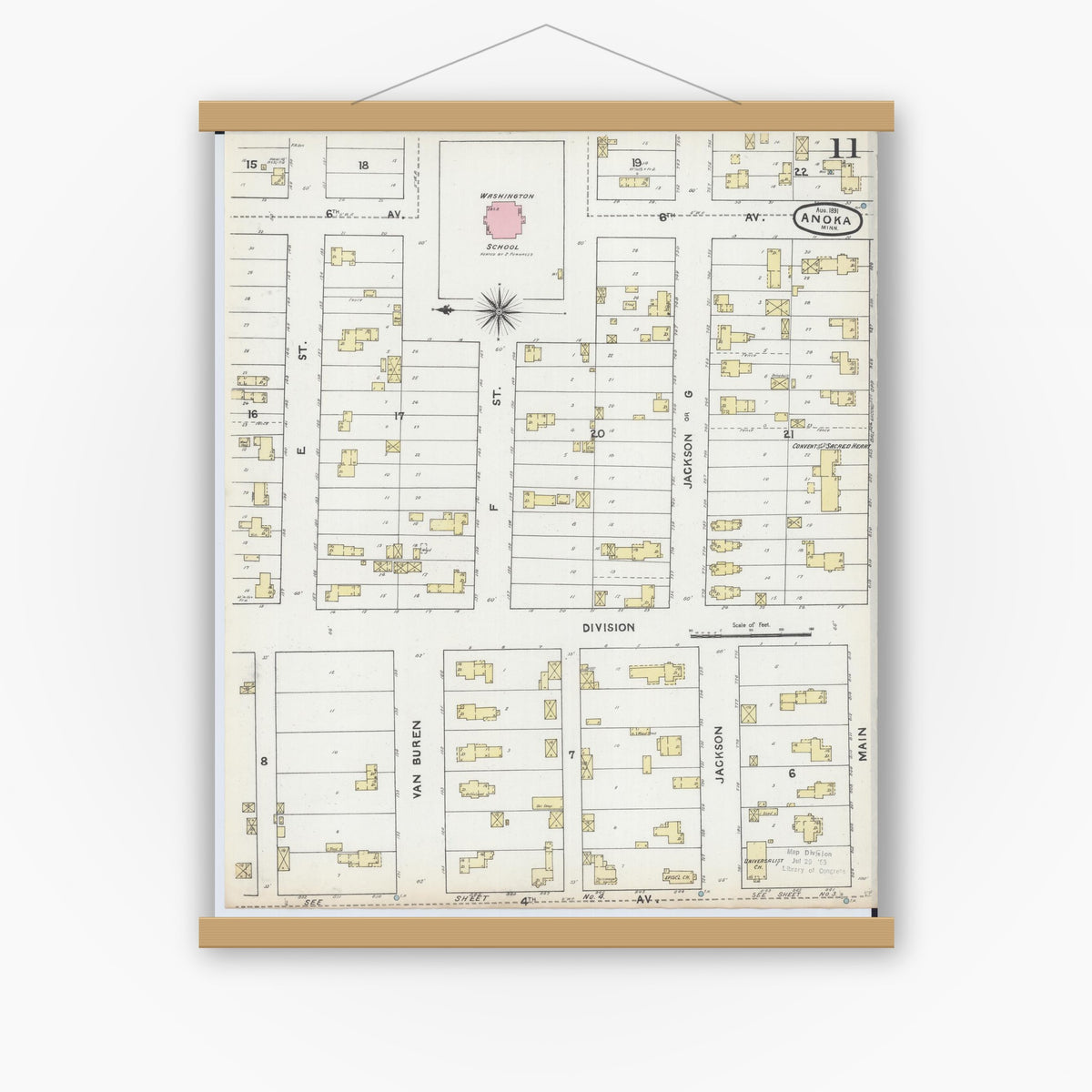 Old map wall art mockup — magnetic wood frame on white wall — Sanborn Fire Insurance Map from Anoka, Anoka County, Minnesota (1891), Sheet #0011