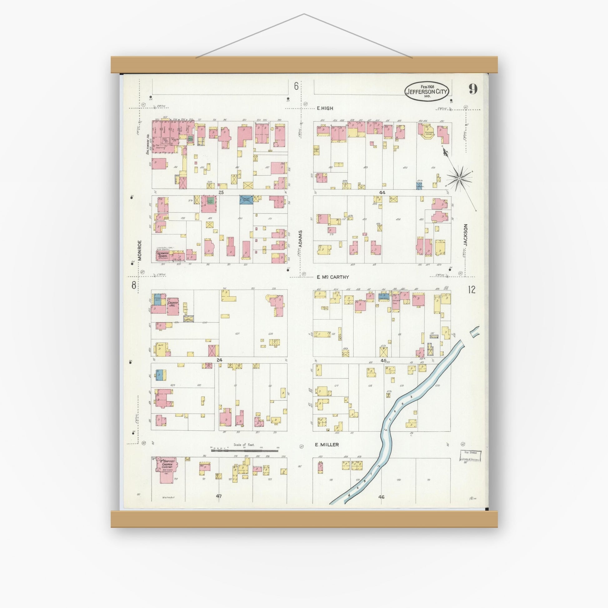 Old map wall art mockup — magnetic wood frame on white wall — Sanborn Fire Insurance Map from Jefferson City, Cole County, Missouri (1908), Sheet #0009