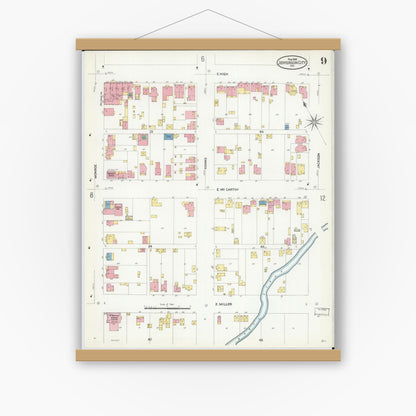 Old map wall art mockup — magnetic wood frame on white wall — Sanborn Fire Insurance Map from Jefferson City, Cole County, Missouri (1908), Sheet #0009