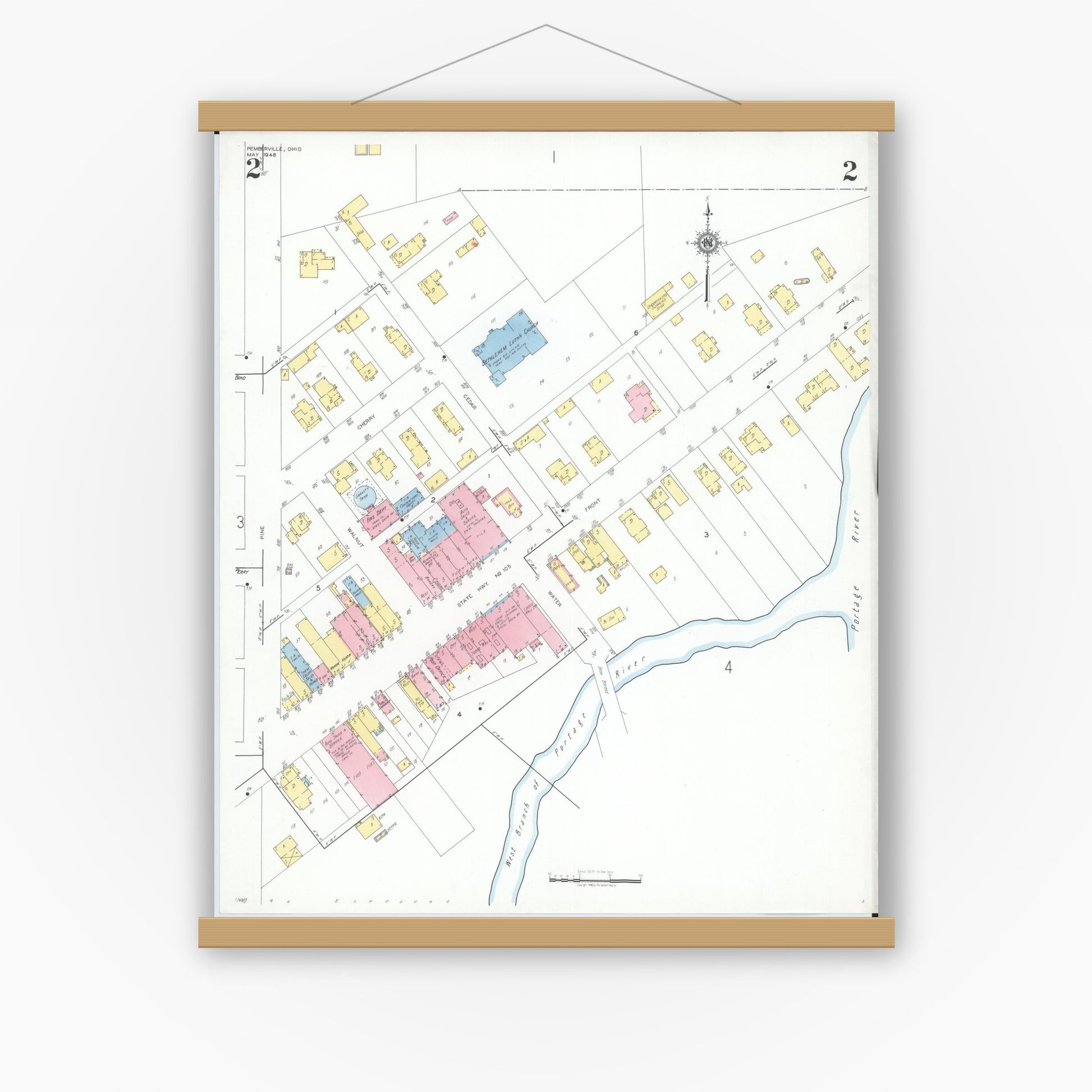 Old map wall art mockup — magnetic wood frame on white wall — Sanborn Fire Insurance Map from Pemberville, Wood County, Ohio (1948), Sheet #0002