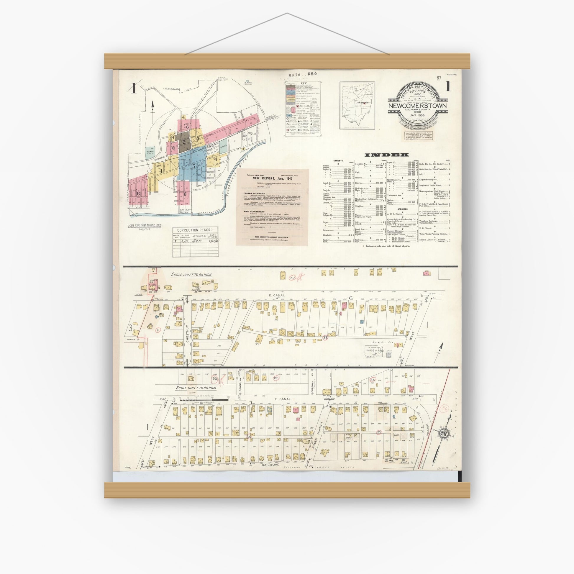 Old map wall art mockup — magnetic wood frame on white wall — Sanborn Fire Insurance Map from Newcomerstown, Tuscarawas County, Ohio (1933), Sheet #0001