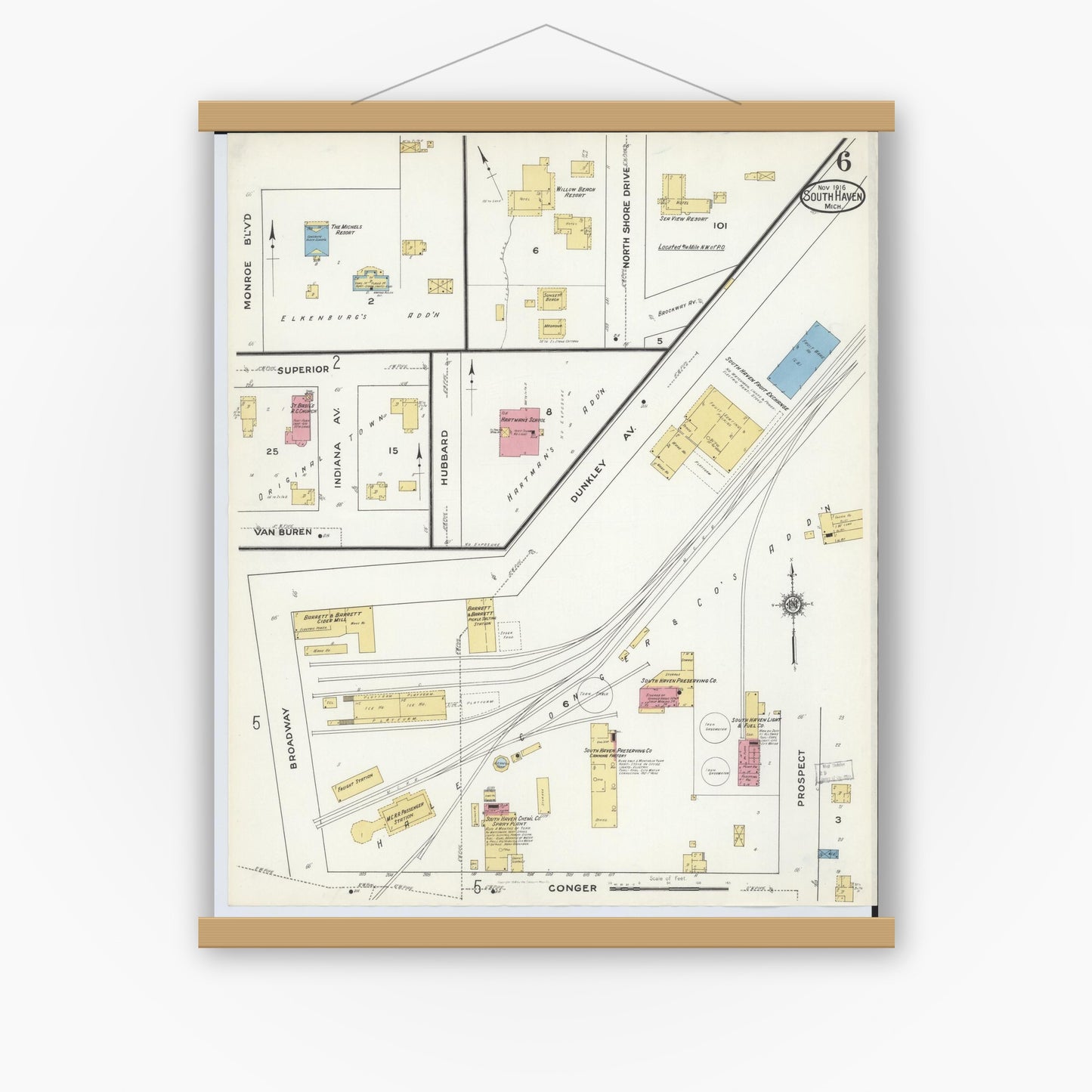 Old map wall art mockup — magnetic wood frame on white wall — Sanborn Fire Insurance Map from South Haven, Van Buren County, Michigan (1916), Sheet #0006