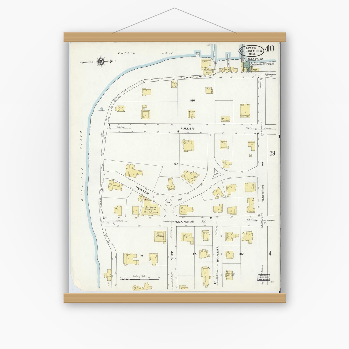 Old map wall art mockup — magnetic wood frame on white wall — Sanborn Fire Insurance Map from Gloucester, Essex County, Massachusetts (1909), Sheet #0040