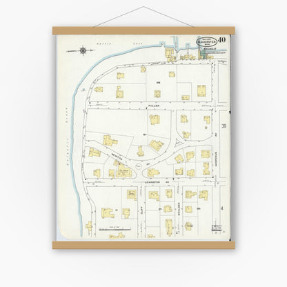 Old map wall art mockup — magnetic wood frame on white wall — Sanborn Fire Insurance Map from Gloucester, Essex County, Massachusetts (1909), Sheet #0040