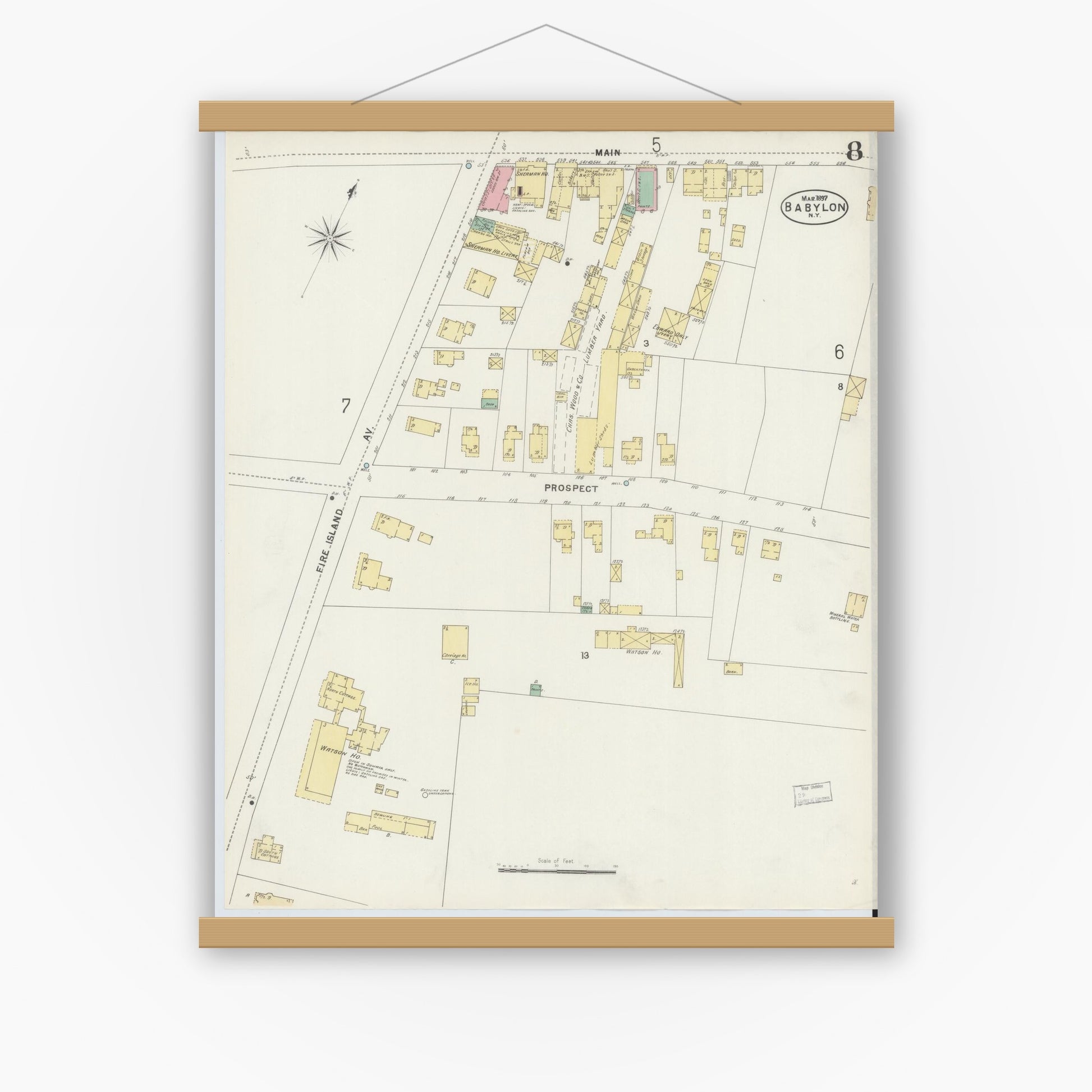 Old map wall art mockup — magnetic wood frame on white wall — Sanborn Fire Insurance Map from Babylon, Suffolk County, New York (1897), Sheet #0008