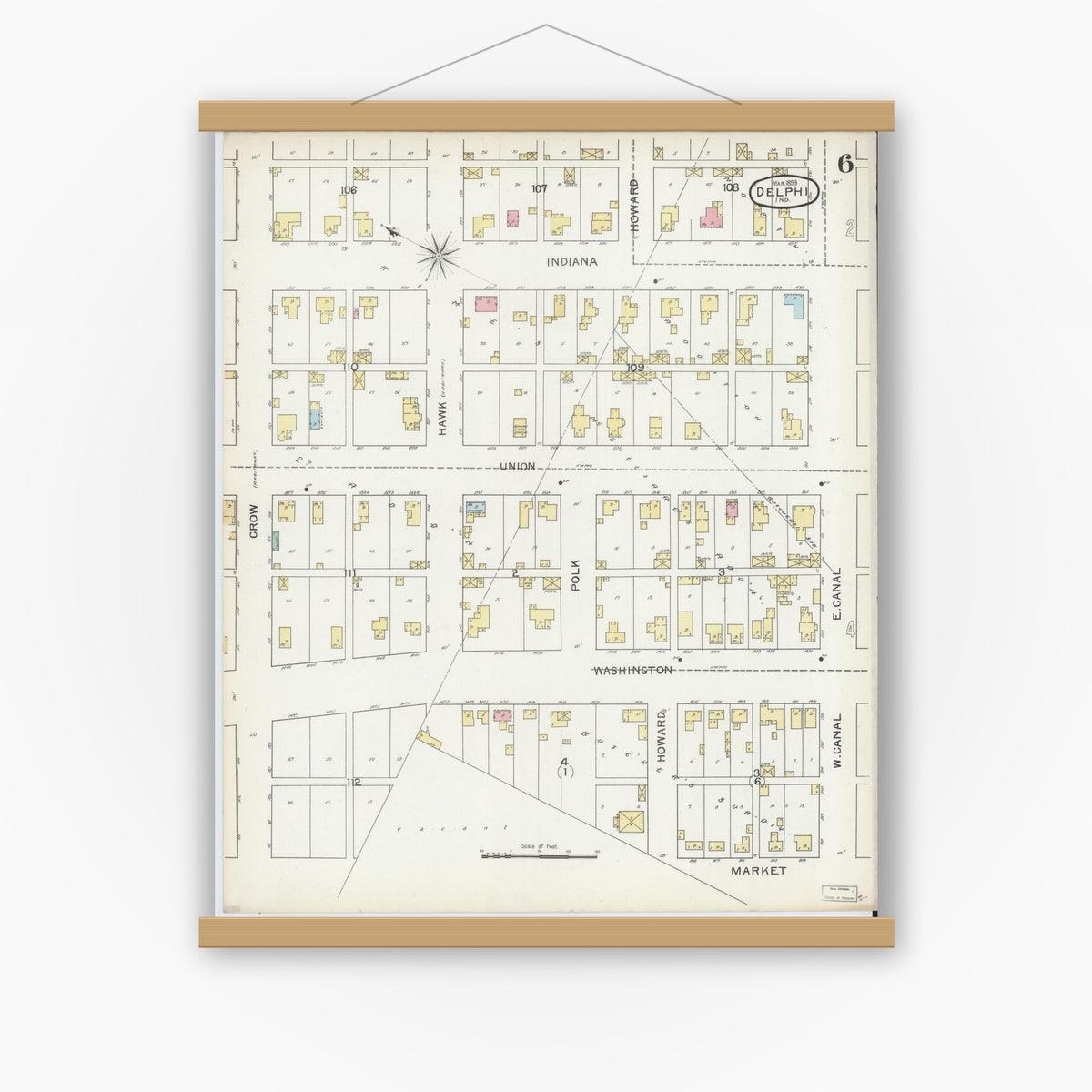 Old map wall art mockup — magnetic wood frame on white wall — Sanborn Fire Insurance Map from Delphi, Carroll County, Indiana (1893), Sheet #0006
