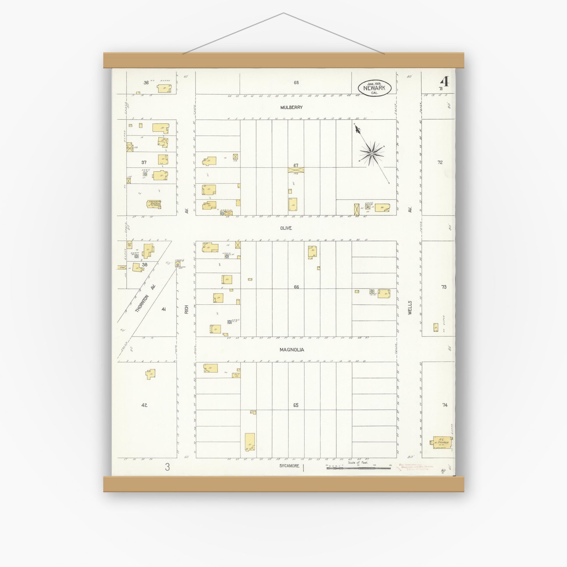 Old map wall art mockup — magnetic wood frame on white wall — Sanborn Fire Insurance Map from Newark, Alameda County, California (1908), Sheet #0004