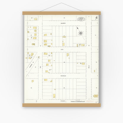 Old map wall art mockup — magnetic wood frame on white wall — Sanborn Fire Insurance Map from Newark, Alameda County, California (1908), Sheet #0004