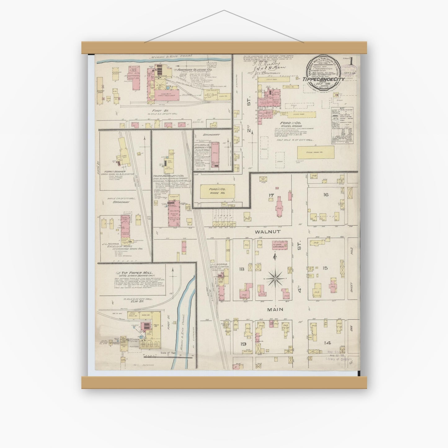 Old map wall art mockup — magnetic wood frame on white wall — Sanborn Fire Insurance Map from Tipp City, Miami County, Ohio (1885), Sheet #0001