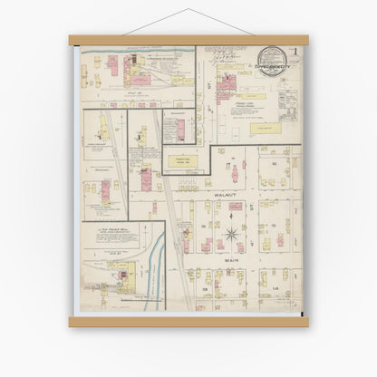 Old map wall art mockup — magnetic wood frame on white wall — Sanborn Fire Insurance Map from Tipp City, Miami County, Ohio (1885), Sheet #0001