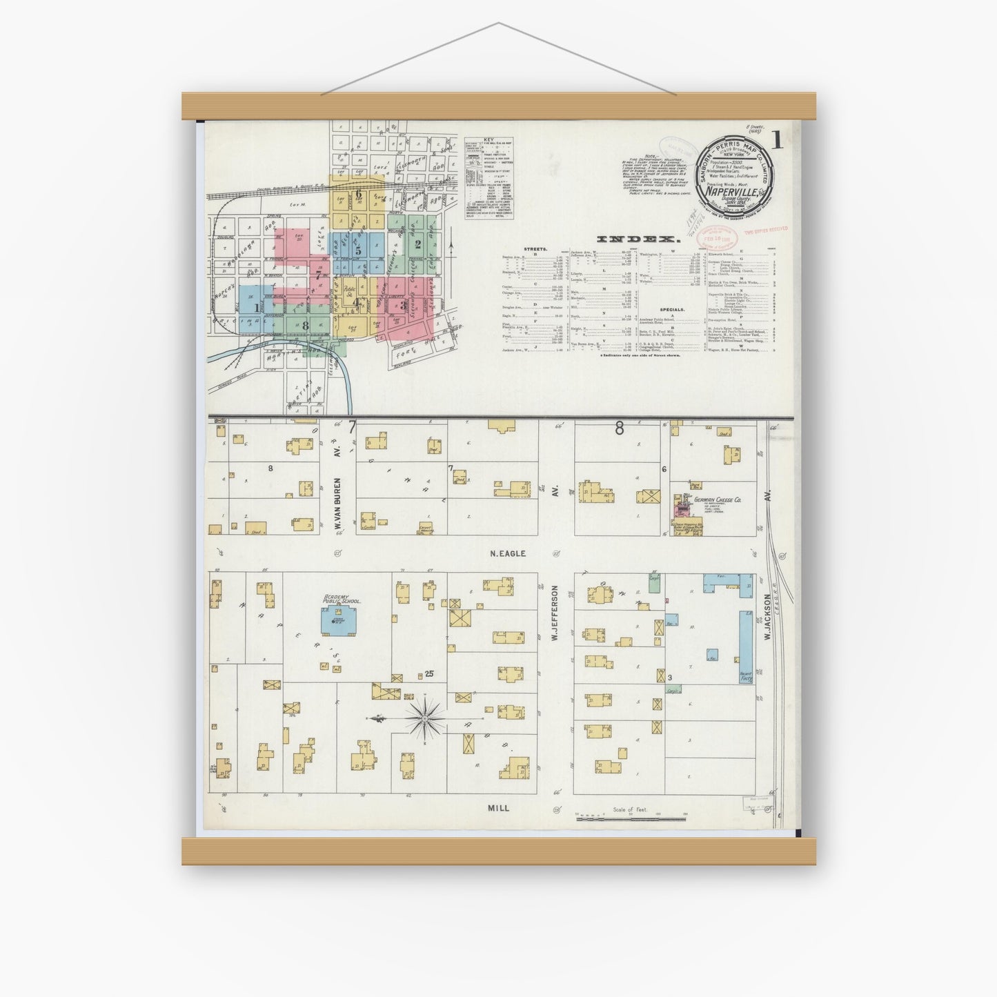 Old map wall art mockup — magnetic wood frame on white wall — Sanborn Fire Insurance Map from Naperville, Du Page County, Illinois (1898) - Complete Map Set