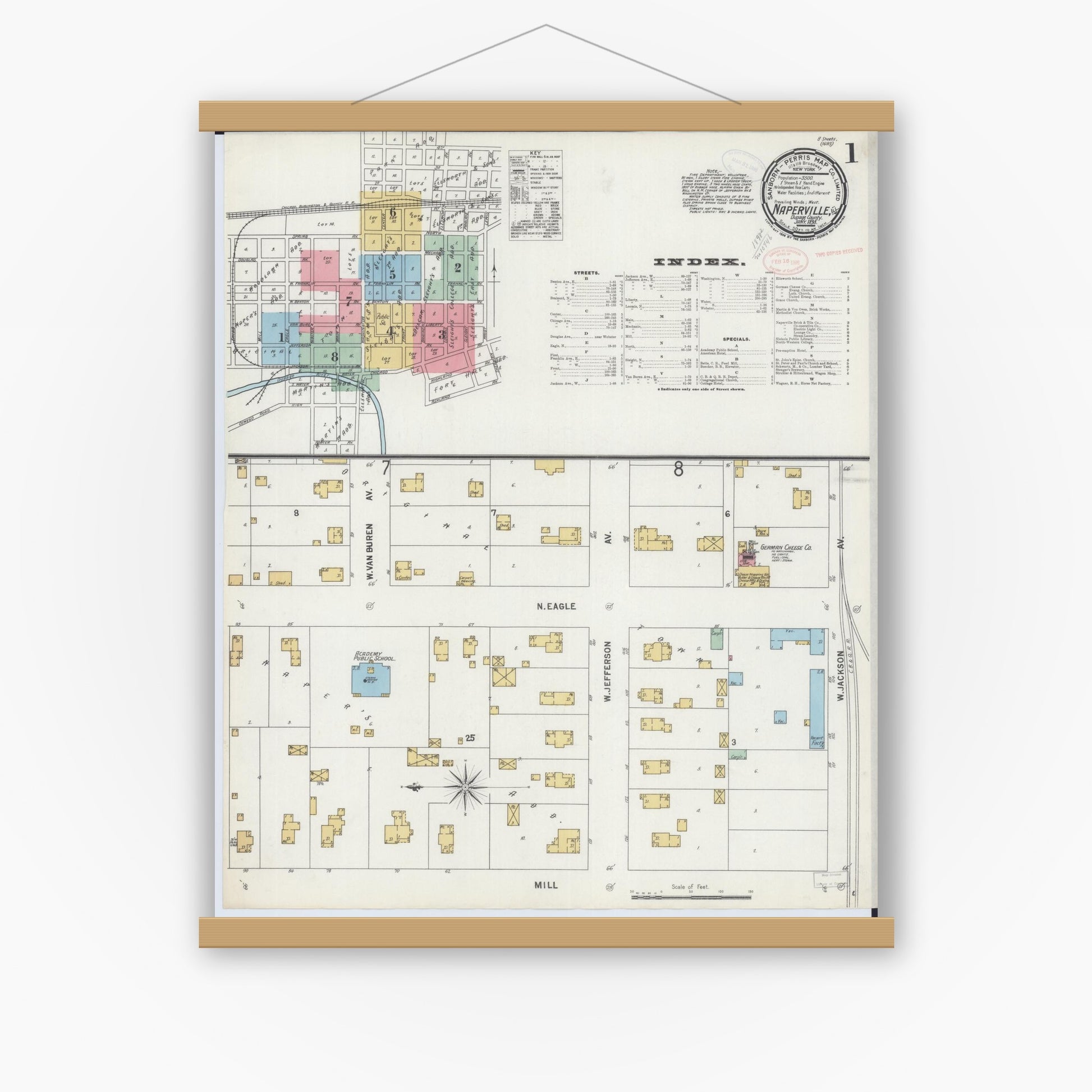 Old map wall art mockup — magnetic wood frame on white wall — Sanborn Fire Insurance Map from Naperville, Du Page County, Illinois (1898) - Complete Map Set