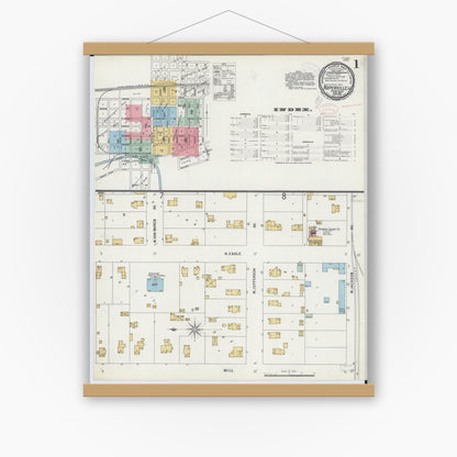 Old map wall art mockup — magnetic wood frame on white wall — Sanborn Fire Insurance Map from Naperville, Du Page County, Illinois (1898) - Complete Map Set