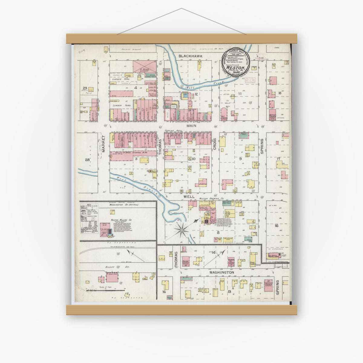 Old map wall art mockup — magnetic wood frame on white wall — Sanborn Fire Insurance Map from Weston, Platte County, Missouri (1892), Sheet #0001
