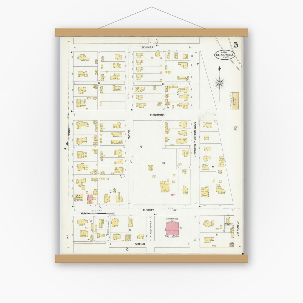 Old map wall art mockup — magnetic wood frame on white wall — Sanborn Fire Insurance Map from Gainesville, Cooke County, Texas (1902), Sheet #0005