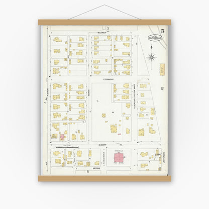Old map wall art mockup — magnetic wood frame on white wall — Sanborn Fire Insurance Map from Gainesville, Cooke County, Texas (1902), Sheet #0005