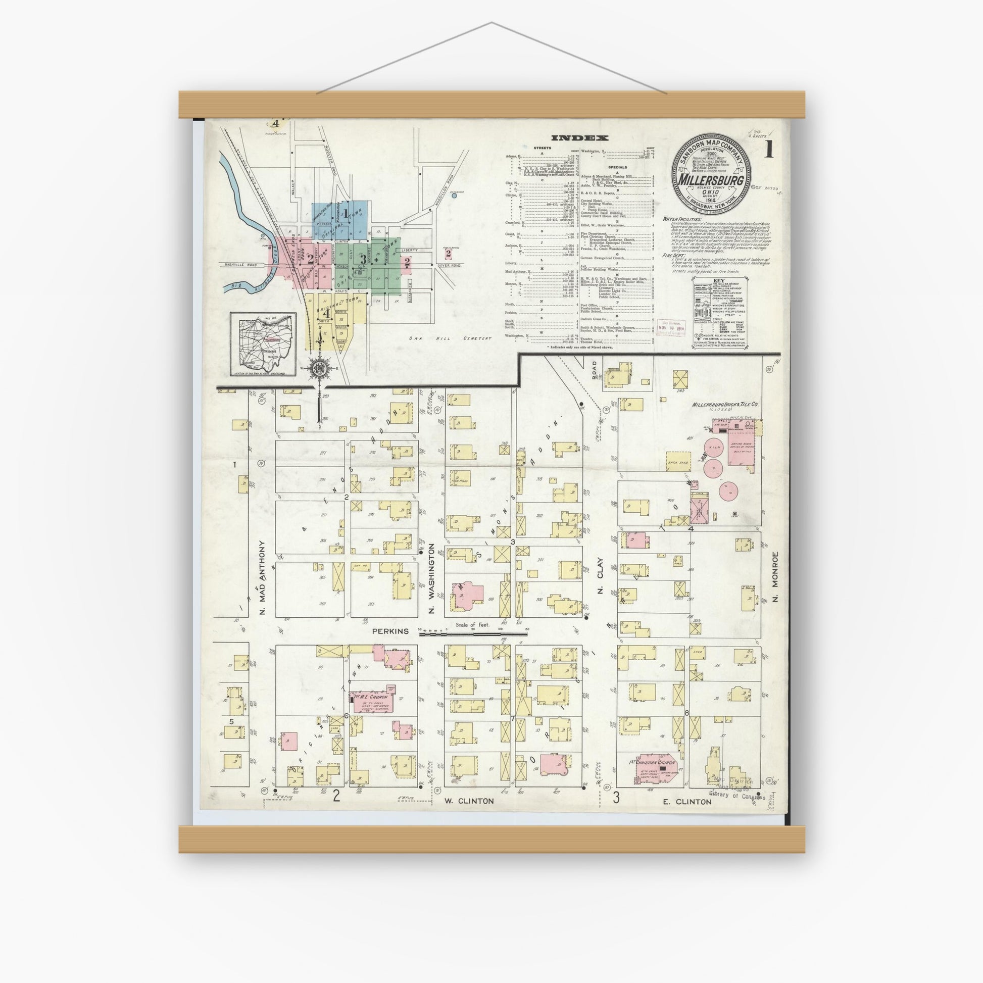 Old map wall art mockup — magnetic wood frame on white wall — Sanborn Fire Insurance Map from Millersburg, Holmes County, Ohio (1914) - Complete Map Set