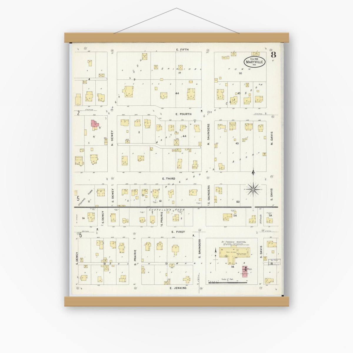 Old map wall art mockup — magnetic wood frame on white wall — Sanborn Fire Insurance Map from Maryville, Nodaway County, Missouri (1909), Sheet #0008