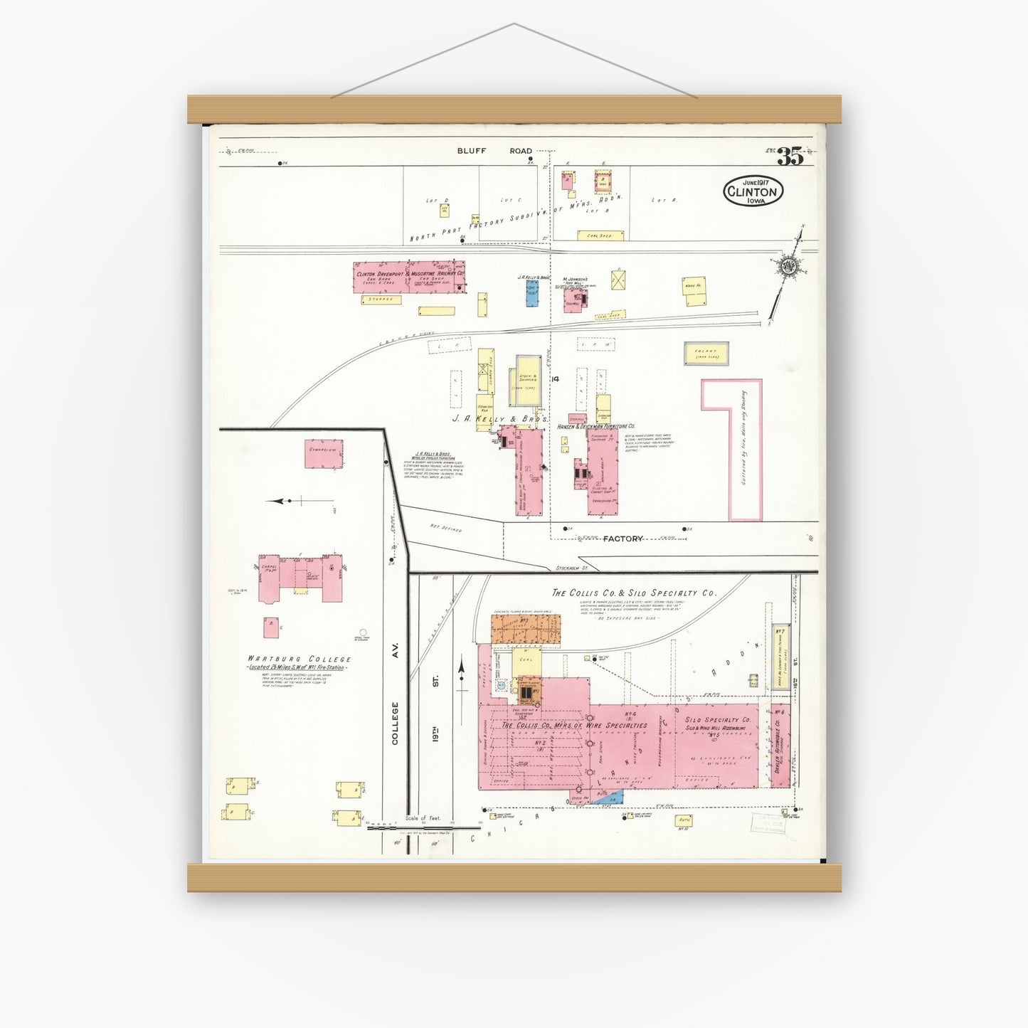 Old map wall art mockup — magnetic wood frame on white wall — Sanborn Fire Insurance Map from Clinton, Clinton County, Iowa (1917), Sheet #0035