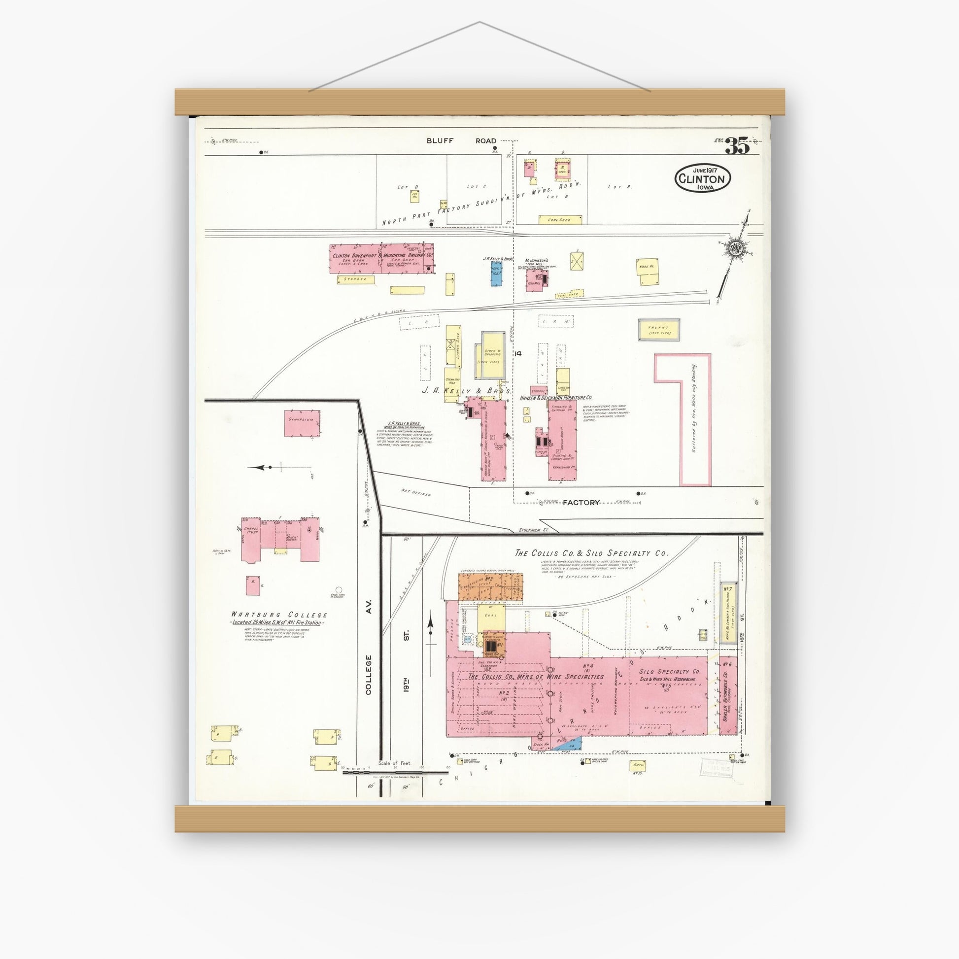 Old map wall art mockup — magnetic wood frame on white wall — Sanborn Fire Insurance Map from Clinton, Clinton County, Iowa (1917), Sheet #0035