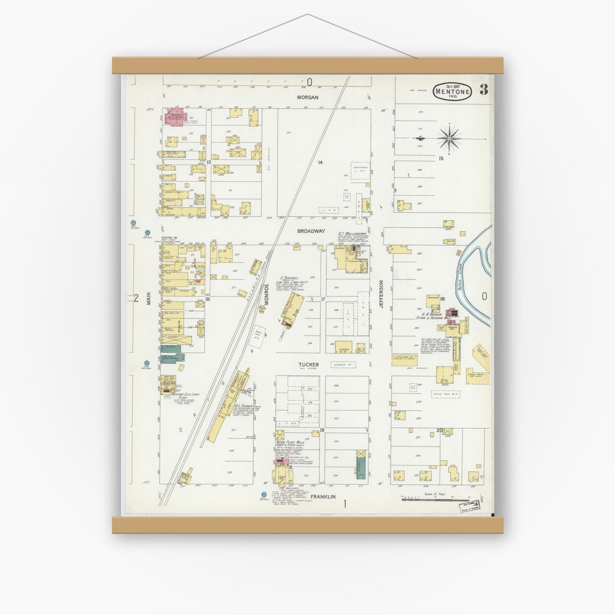 Old map wall art mockup — magnetic wood frame on white wall — Sanborn Fire Insurance Map from Mentone, Kosciusko County, Indiana (1901), Sheet #0003