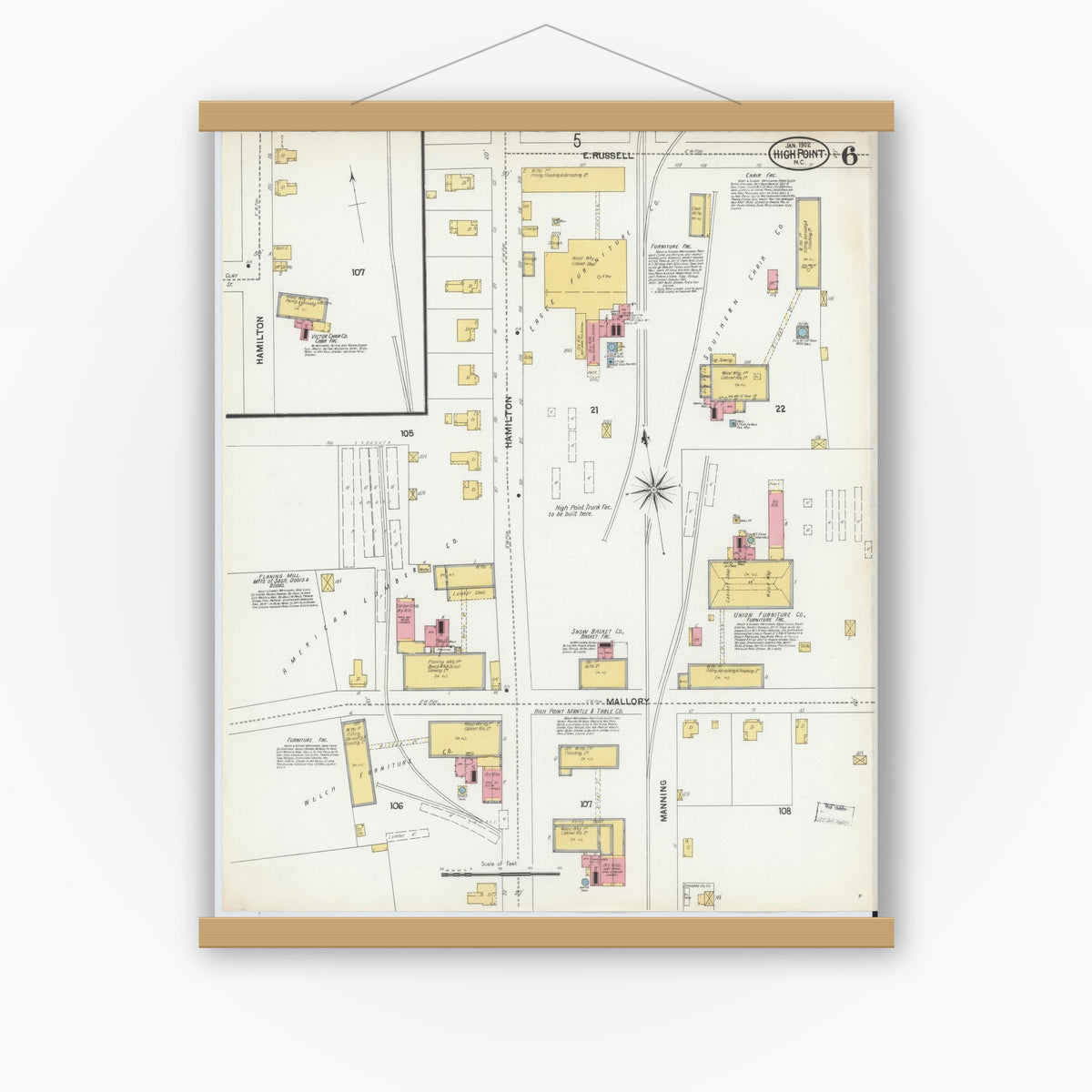 Old map wall art mockup — magnetic wood frame on white wall — Sanborn Fire Insurance Map from High Point, Guilford County, North Carolina (1902), Sheet #0006