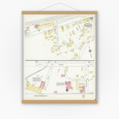 Old map wall art mockup — magnetic wood frame on white wall — Sanborn Fire Insurance Map from Framingham, Middlesex County, Massachusetts (1915), Sheet #0015