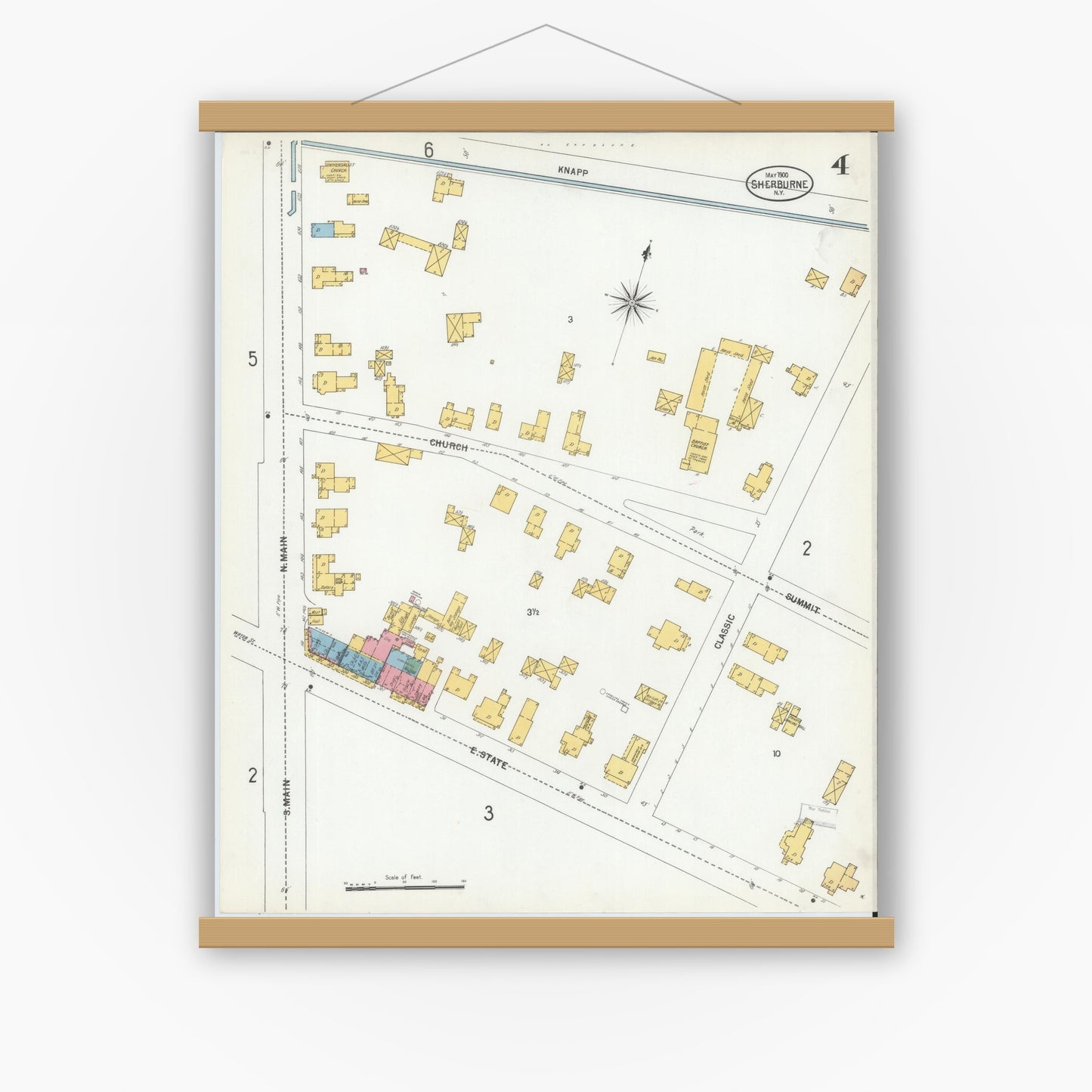 Old map wall art mockup — magnetic wood frame on white wall — Sanborn Fire Insurance Map from Sherburne, Chenango County, New York (1900), Sheet #0004