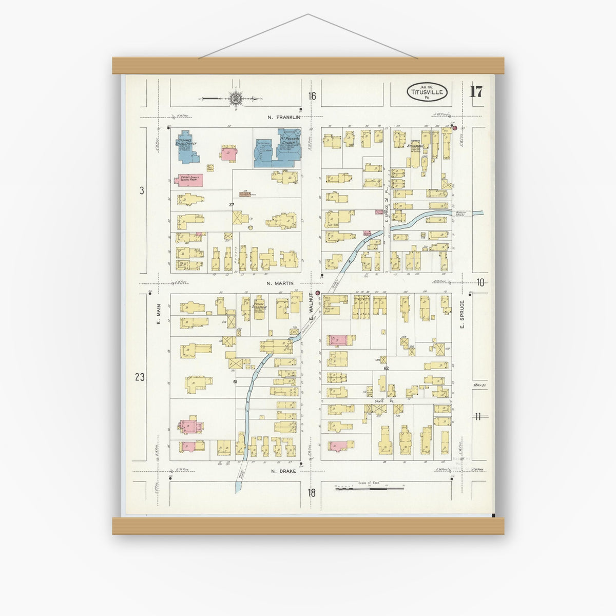 Old map wall art mockup — magnetic wood frame on white wall — Sanborn Fire Insurance Map from Titusville, Crawford County, Pennsylvania (1912), Sheet #0017